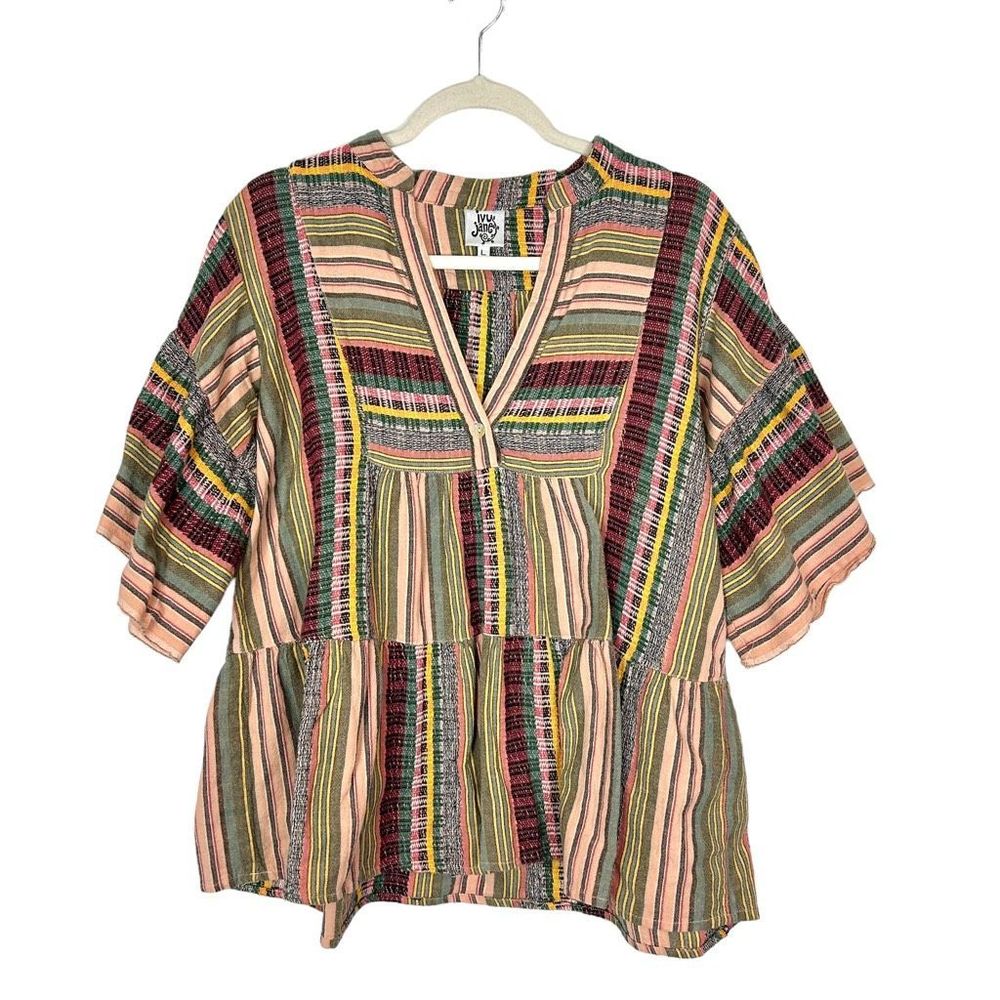 Ivy Jane Embroidered Peasant Top Large Blouse Hippie Rainbow Stripe Short Sleeve